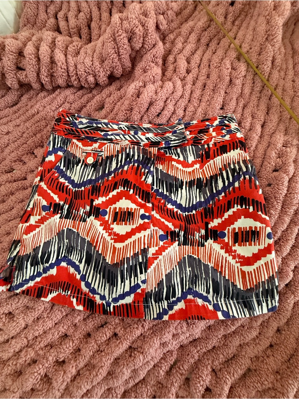 Attyre New York Red Blue Tribal Ikat Print Cotton Mini Skirt Size 10 Boho Chic